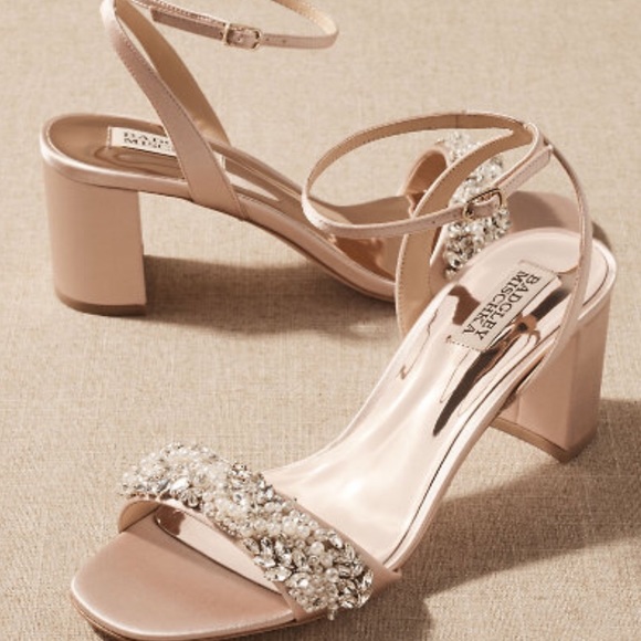 New Badgley Mischka x BHLDN Clara 7.5 Pink Rhinestone Pearl Beads Satin Heels - Picture 3 of 5